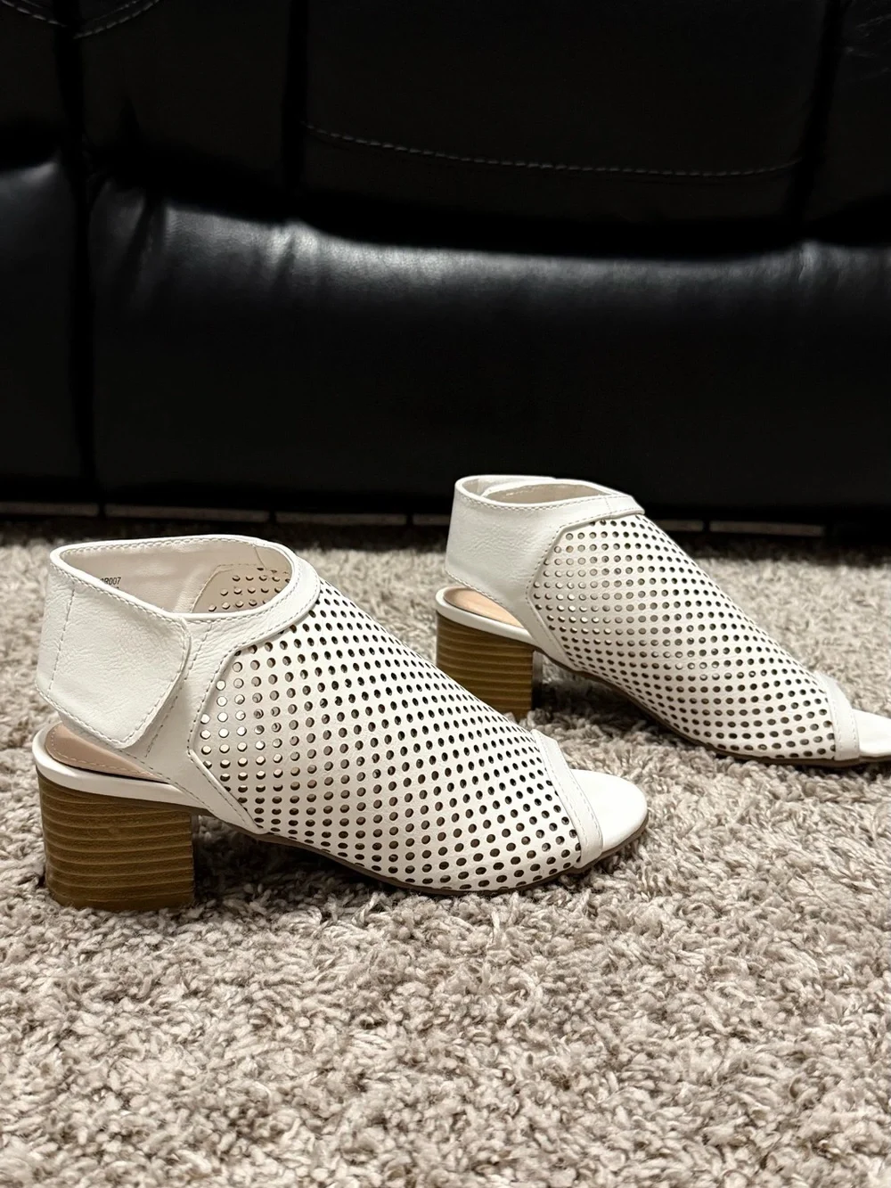 White Perforated Peep-Toe Block Heel Sandals for Women